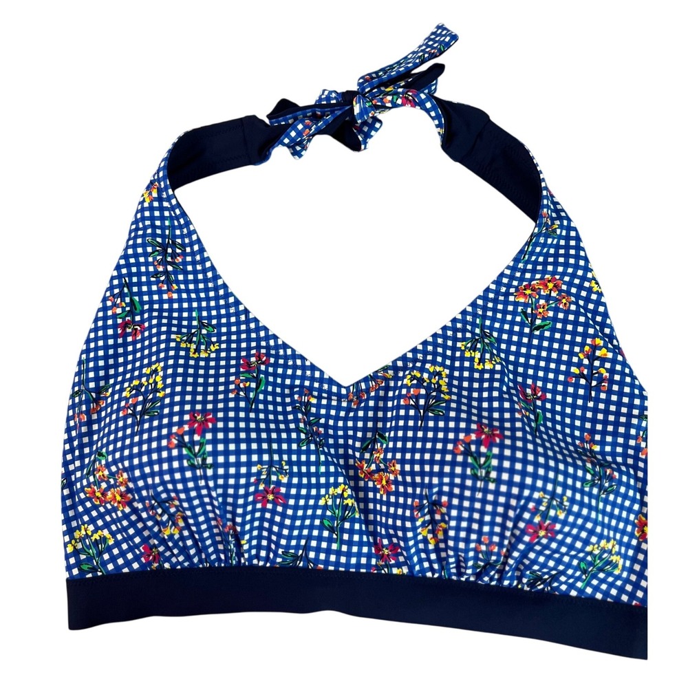 NWT Lands End Reversible Tie Halter Bikini Top 16W Plus Botanical Check Swimwear